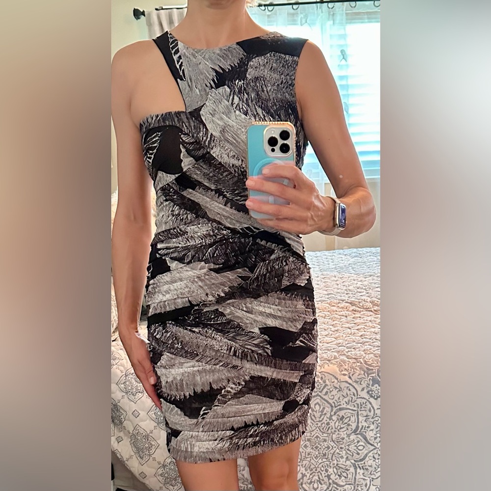 BCBG Stylish Black and Gray Feather Print Dress size 8